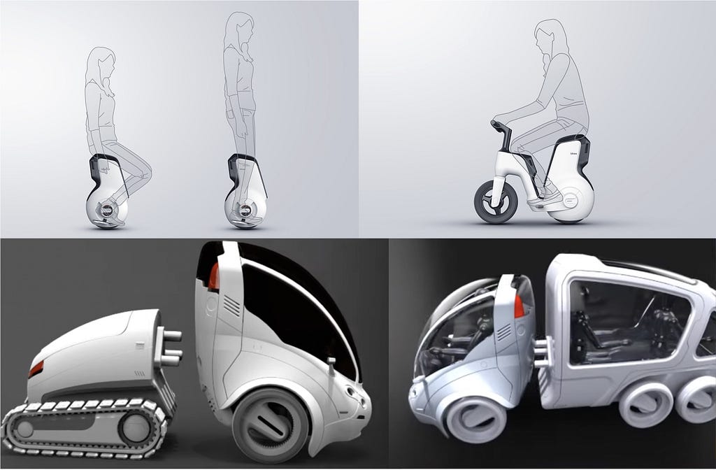 Pictures of vehicles that transform from a unicycle to bicycle and a vehicle with detachable passenger carriage.