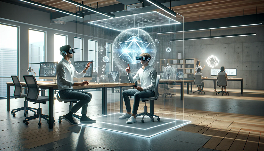 Two employees wear virtual reality headsets to learn English in Mixed Reality.