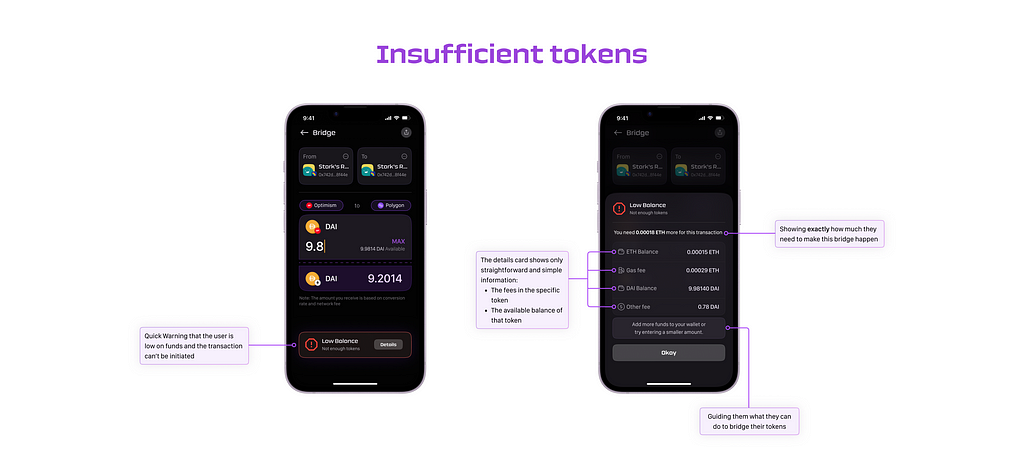 Edge Case: Insufficient tokens to cover the fees UI