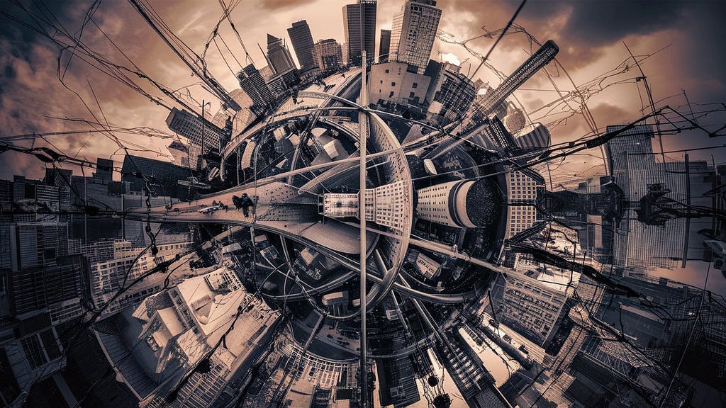 A striking photograph of a bustling cityscape, representing the complexities of cognitive science. The image captures the intricate web of buildings, roads, and people, symbolizing the interconnectedness of human thought processes