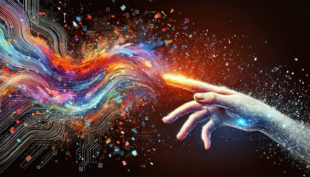 The image shows a human hand merging with a vibrant, swirling stream of digital elements, symbolizing the fusion of human touch and technology.