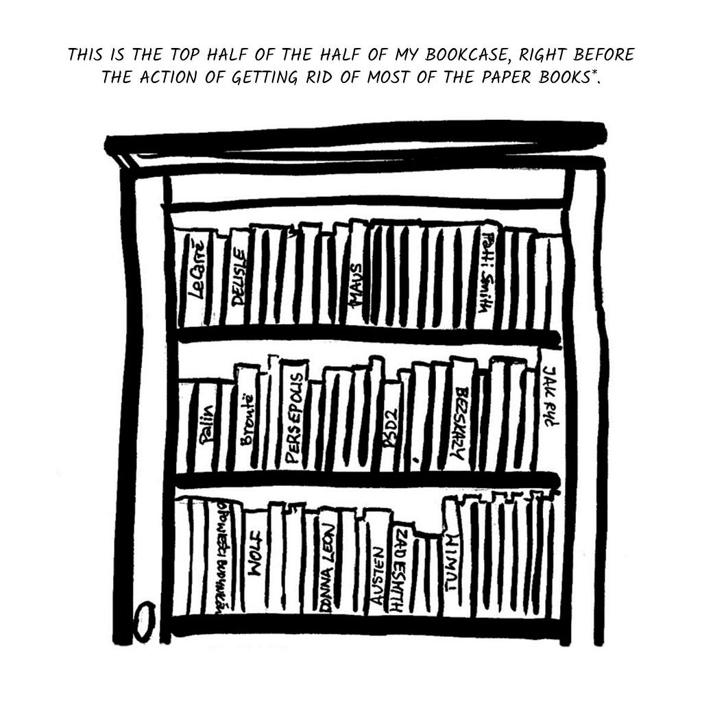 Black and white drawing of the half of bookcase