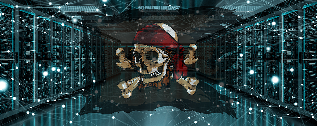 A data centre with lots of servers in the background overlaid with a pirate flag with skull and crossbones