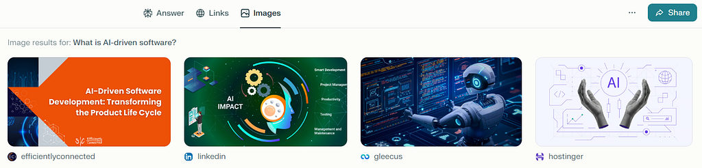 Image search results for “AI-driven software,” showing illustrated graphics and robot-themed visuals from various sources.