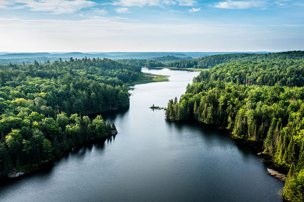 Aerial view of a lake and forest in the morning with mist over the forest in the distant horizon, and blue skies with fluffy white clouds.