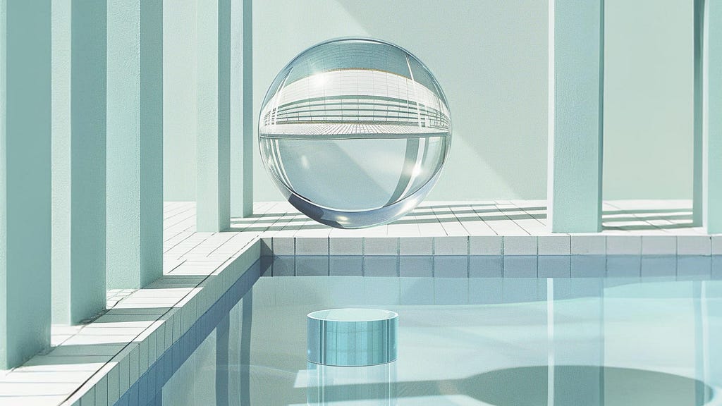 A glass sphere floating above a swimming pool in a clean architectural environment.