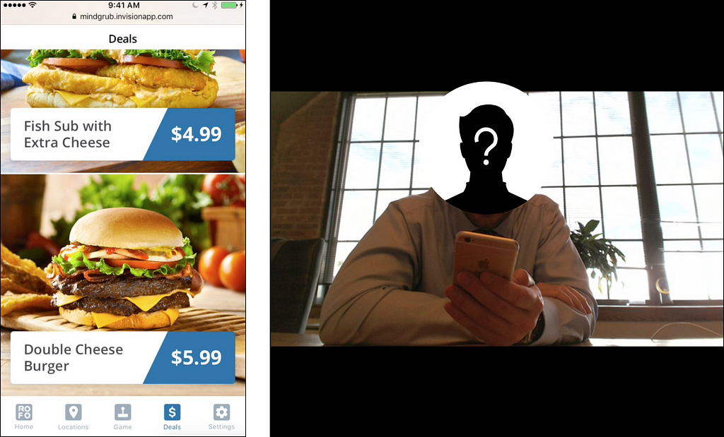 An image of the app next to an image of an individual holding a phone, using the app during a user testing session. The person’s face is obscured.