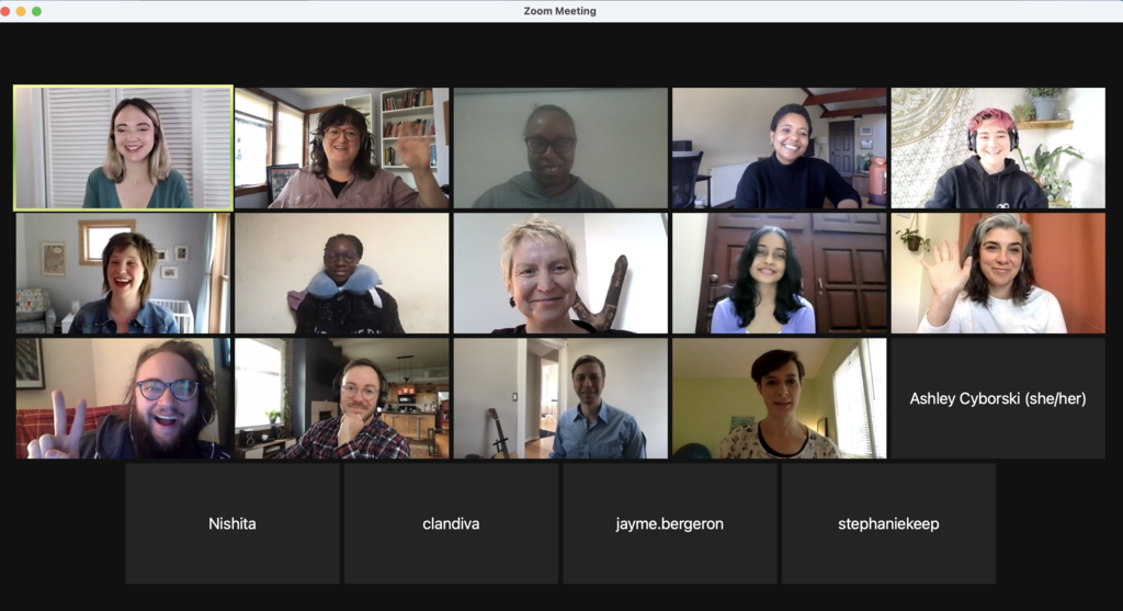 A Zoom call grid format, featuring the Confab discussion group attendees