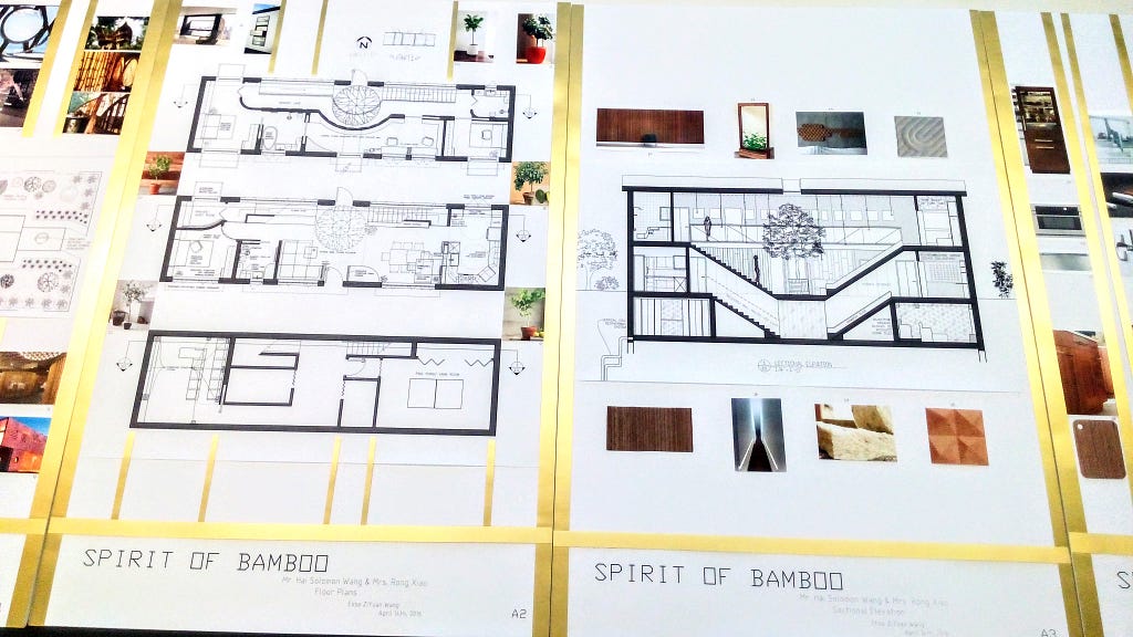 A photo of interior design presentation boards, featuring a residential project called Spirit of Bamboo.