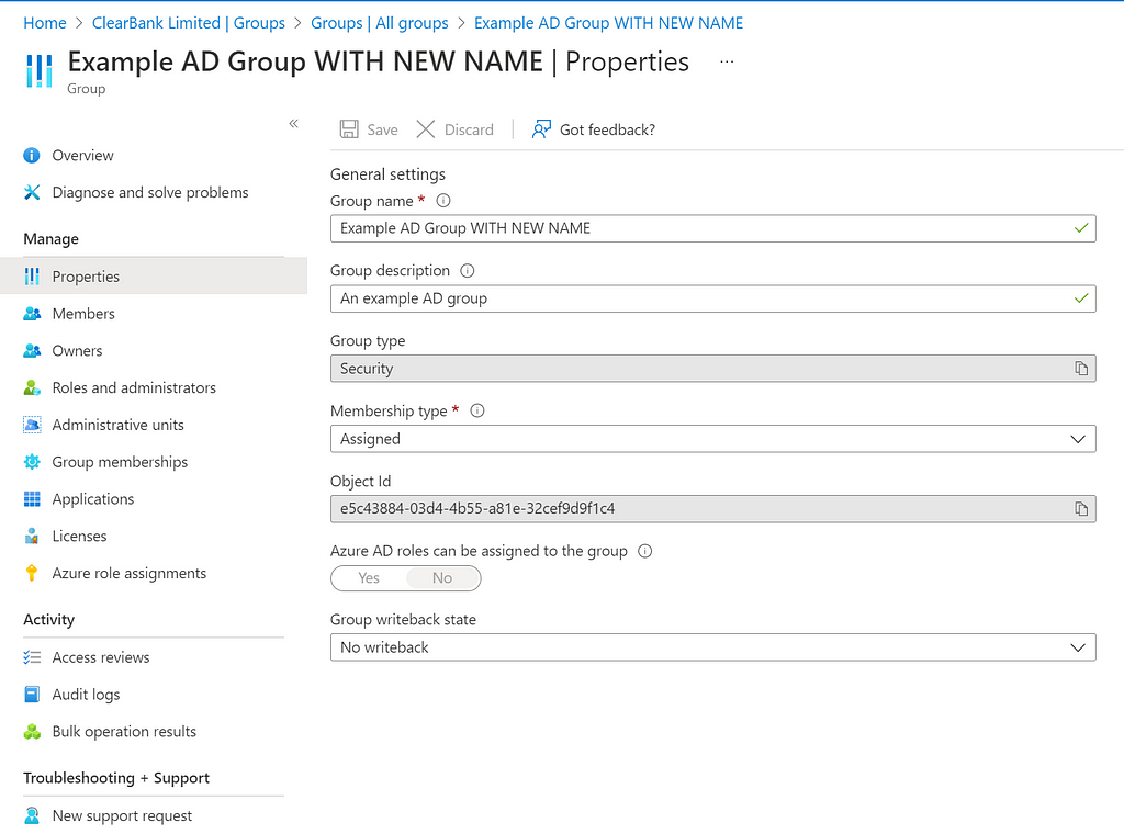 A screenshot of an Azure AD group called “Example AD Group WITH NEW NAME”