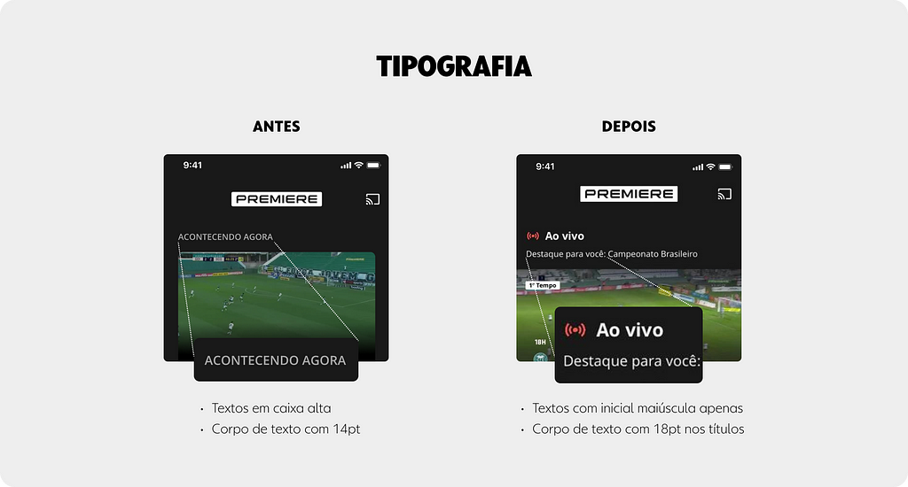 Imagens da tela inicial do app do Premiere, antes e depois das alterações tipográficas na interface. Imagem mostra o destaque de jogos ao vivo no aplicativo, com um zoom nos textos das seções, mostrando as mudanças de tamanho e de capitalização dos textos