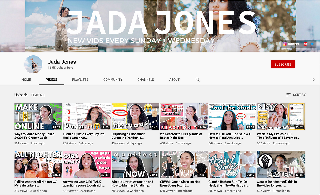 YouTube channel of Jada Jones, one of the creators who worked on the launch campaign of Creator Cash