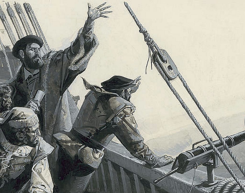 A drawing depicts Magellan gesturing at the gunwale of his ship as it enters the Pacific Ocean.