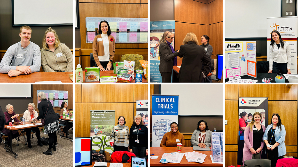 A collection of eight photos, arranged in two rows of four, of attendees at the SHARE Summit 2023. The photos show 2–3 people having conversations at information tables or organization member(s) seated or standing at their information table.