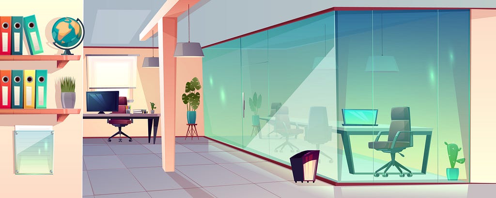 An animated inside view of a corporate office.