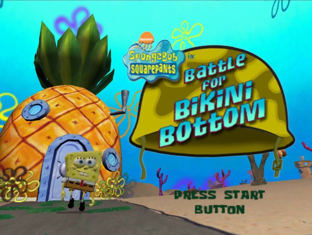 Title screen of SpongeBob SquarePants: Battle for Bikini Bottom, featuring SpongeBob standing in front of his pineapple house, with the title on the right side of the screen.