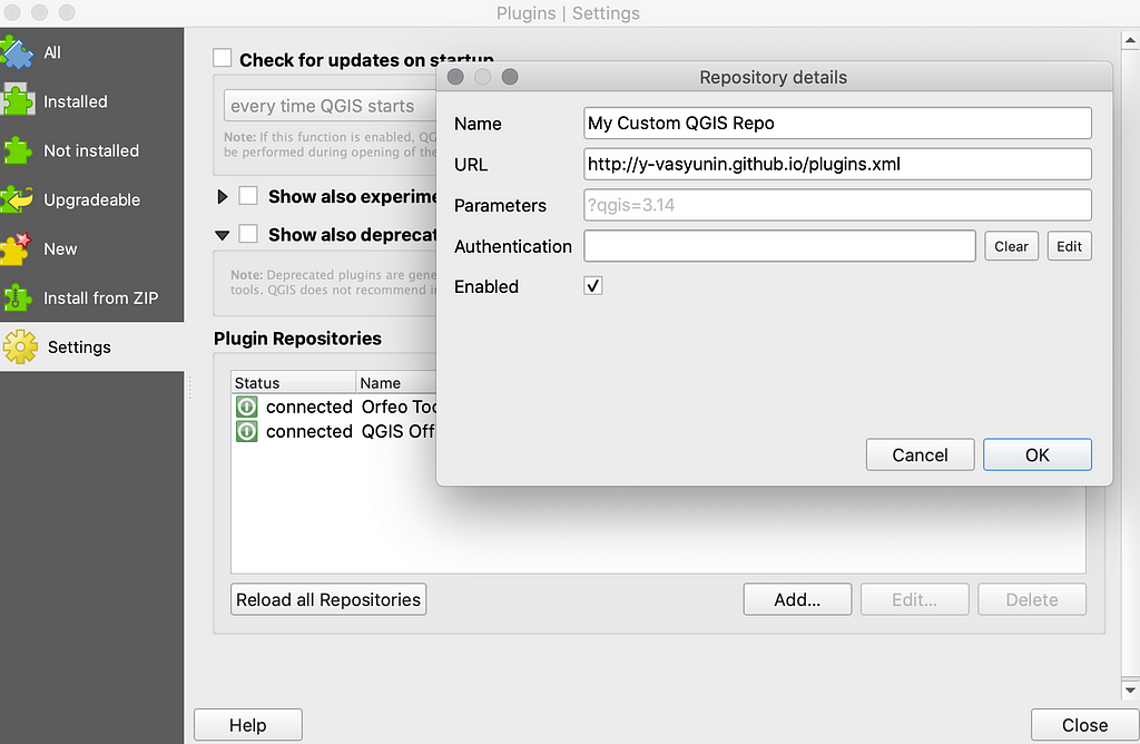 Adding a custom repository in QGIS Plugin Manager.