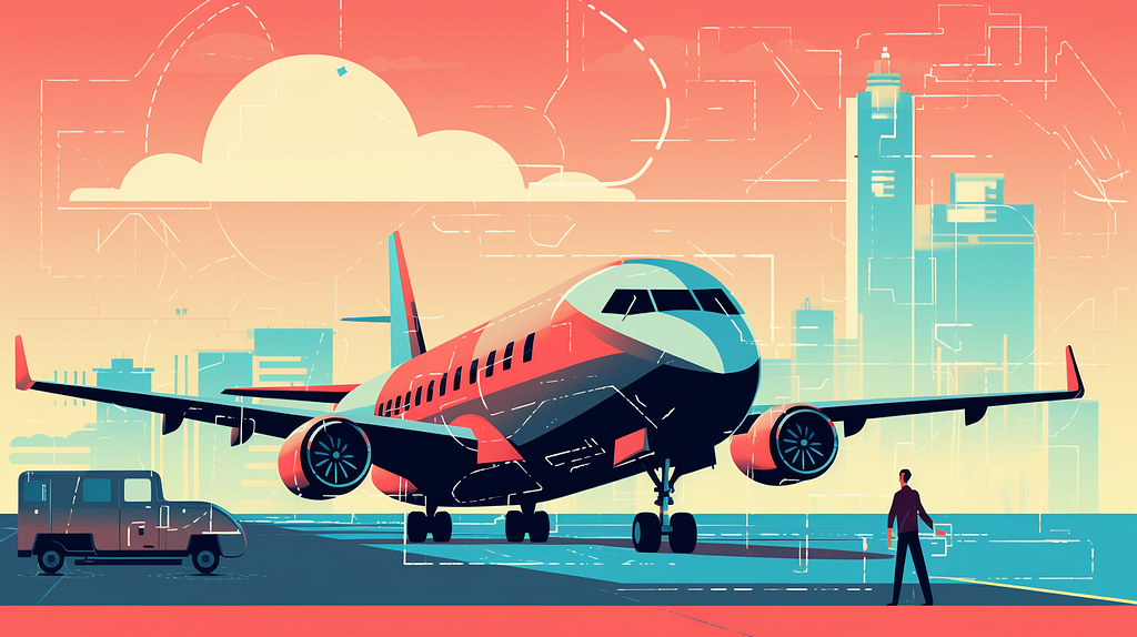 Illustration of a plane on an airport with a city in the background and a human standing in front.