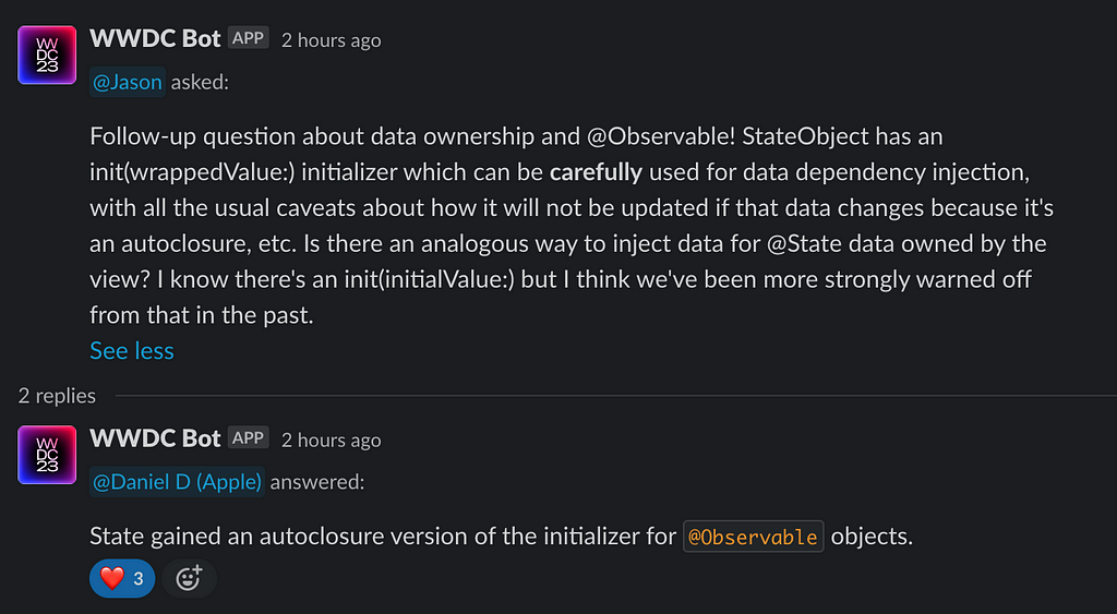 Apple employee answer on constructor injection while using @Observable macro