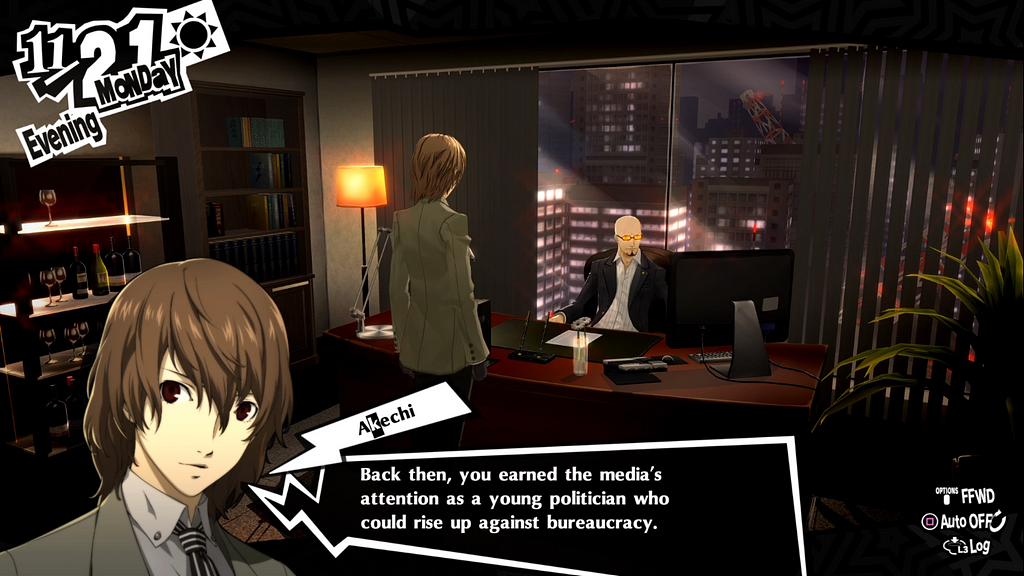 Akechi exposition dumps to someone who already knows the plot.