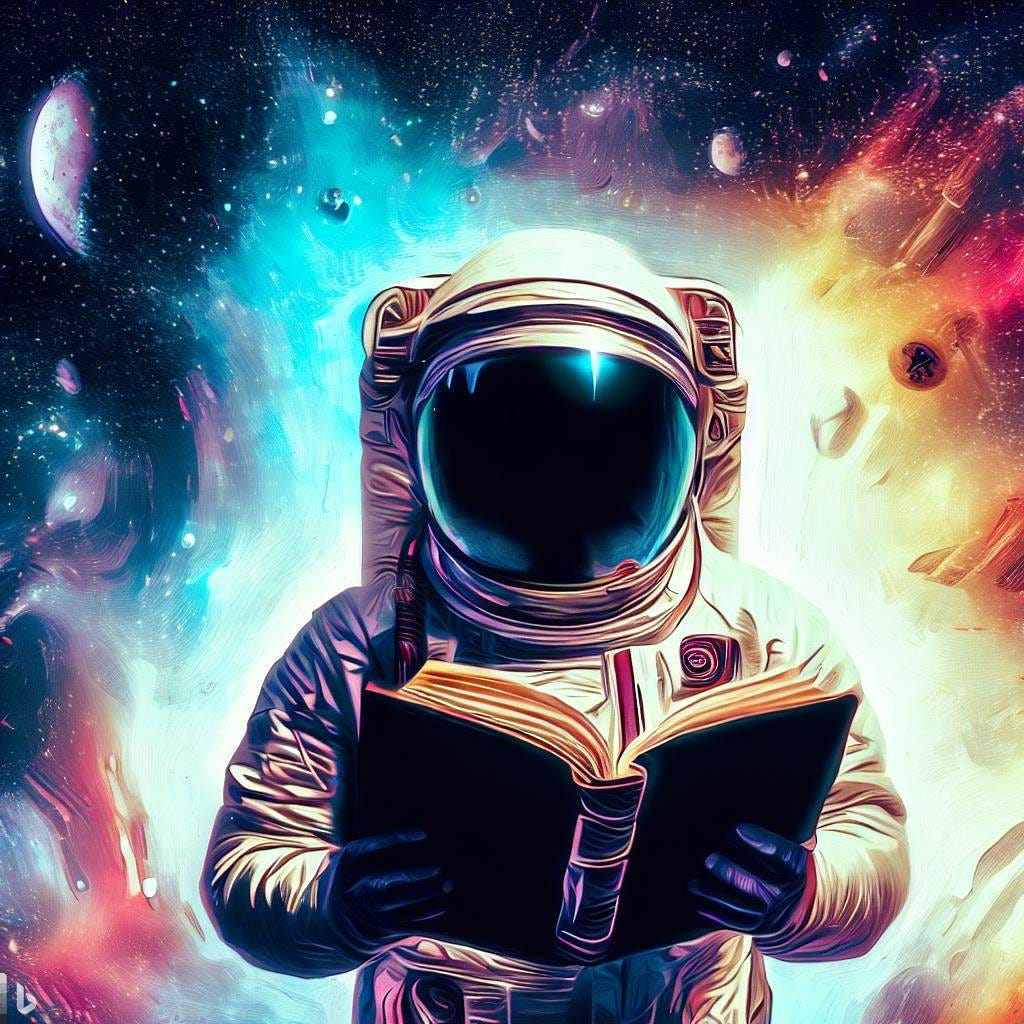 astrounaut holding an open book in the universe. In background with the universe Include icons representing different areas of knowledge to emphasize the diversity and breadth of continuous learning, digital art