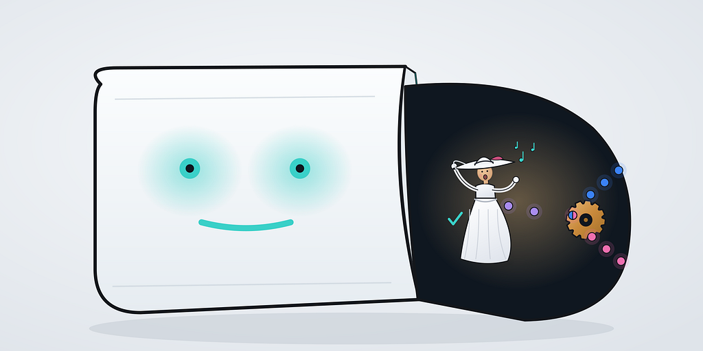 The interface looks humbled and attentive. Inside the works, a figure in the wide-brimmed hat and gown from My Fair Lady sings with her arms raised, music notes rising, a checkmark beside her.