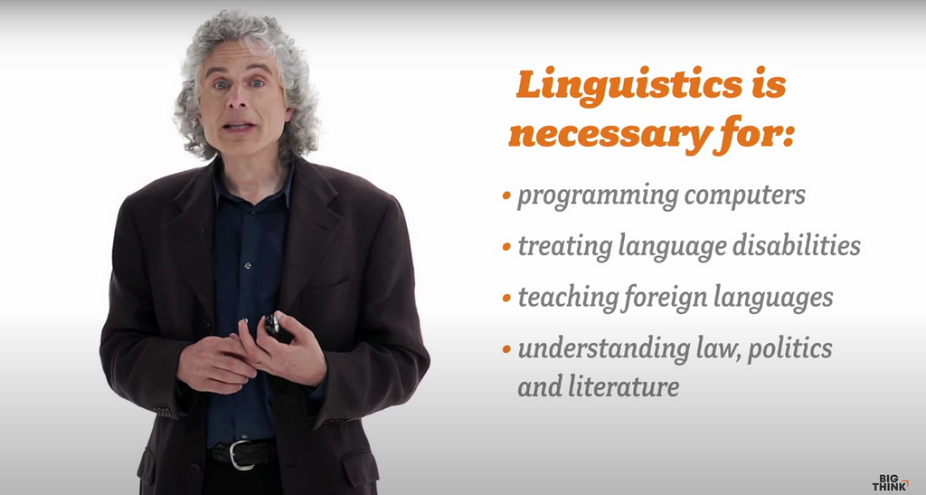 Na imagem temos Steven Pinker, um homem branco de olhos claros e cabelo grisalho e texto sobre a necessidade da linguística