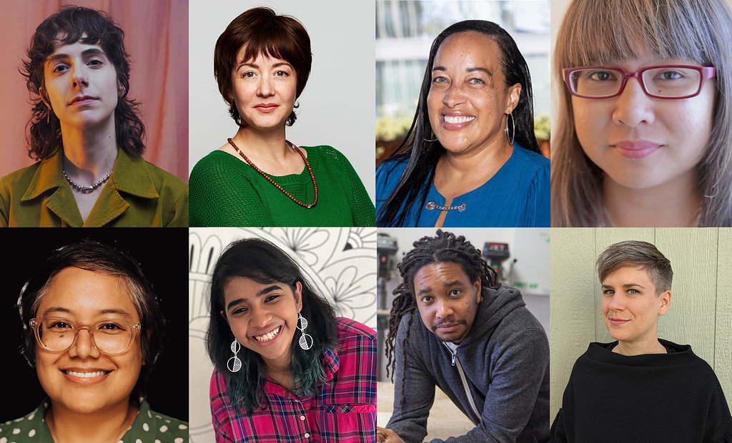 A composite image of all our board members at the Processing Foundation. From top left to bottom right: Cassie Tarakajian, Amelia Winger-Bearskin, Shana V. White, AX Mina, Dr. Dorothy R. Santos, Mathura M. Govindarajan, Wesley Taylor, and Kate Hollenbach