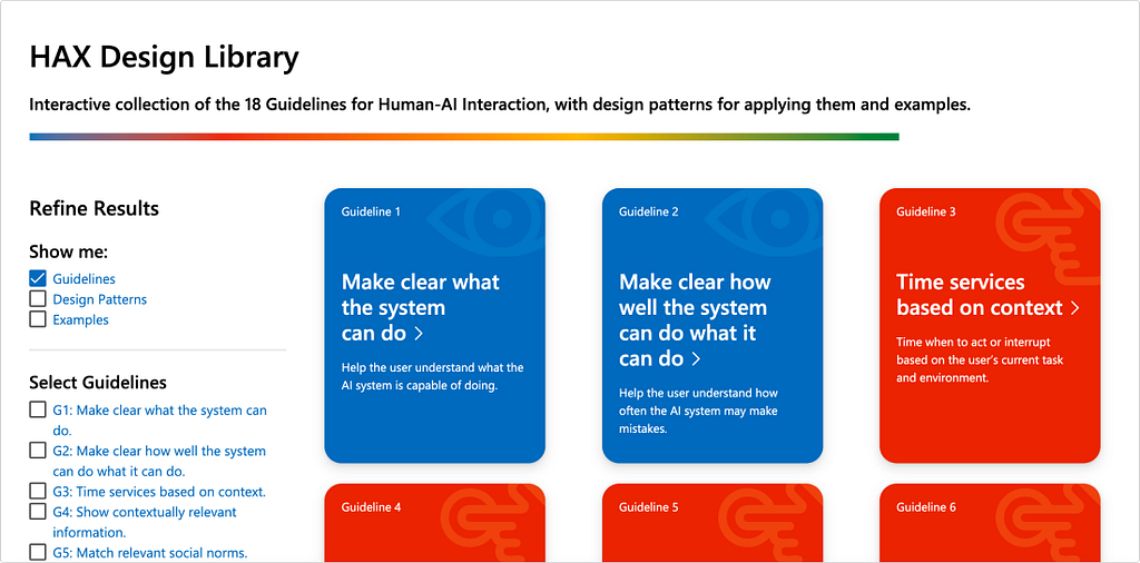 The HAX Design Library interface showing a filter panel on the left and three guideline cards: Guideline 1 “Make clear what the system can do”, Guideline 2 “Make clear how well the system can do what it can do”, and Guideline 3 “Time services based on context.”