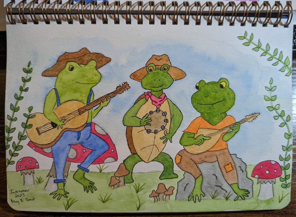 A frog, a toad, and a turtle playing a guitar, mandolin, and tambourine while sitting on mushrooms and small rocks. Painted for the prompt “toad.”
