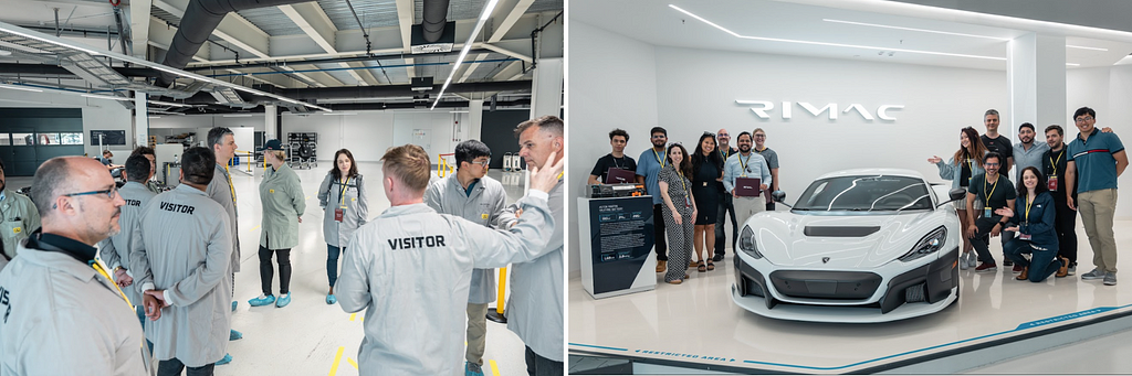 Left photo: A group of 10 adults wearing lab coats that say “Visitor” tour an industrial facility. Right photo: A group of 14 adults wearing business casual clothes pose on either side of a sports car. The wall behind them says “Rimac.”