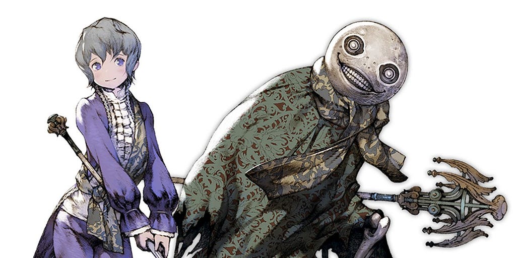 The character Emil from Nier in both his human form and weapon form. As a human, Emil is a young boy with grey hair and purple eyes. He wears a purple petticoat, white shirt and matching purple breeches. Wrapped around him like a sash is a silky green scarf. As a weapon, Emil is a skeleton draped in a dark green cloak with the green silk scarf around his neck. His head looks almost like the moon, only with two unblinking eyes and a fixed grin bearing dozens of tiny teeth.