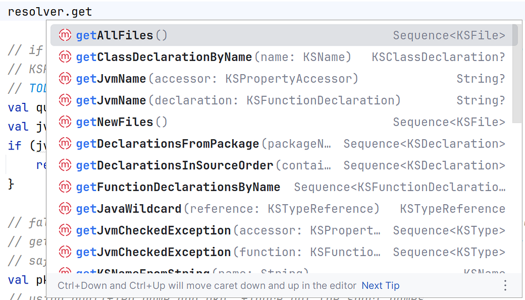 Autocomplete in the IDE for `Resolver.kt` in the KSP API, showing functions beginning with ‘get’ like ‘getAllFiles()’ etc.