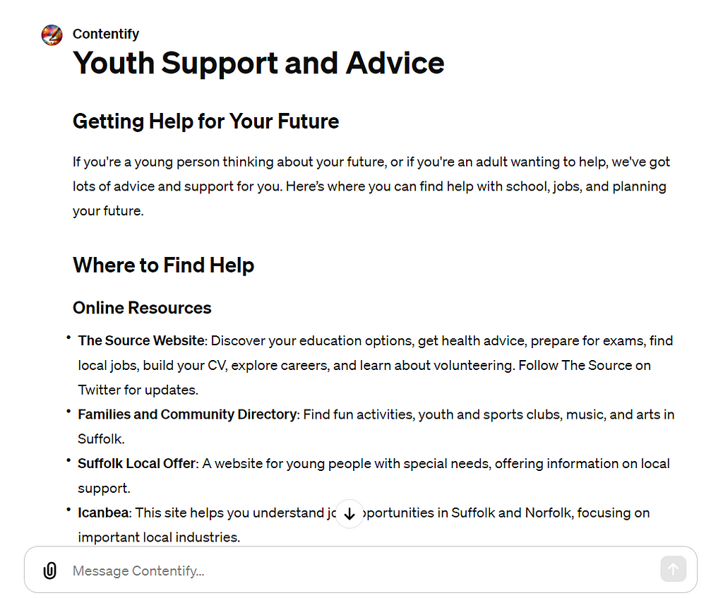 Screenshot of AI rewriting local government information about youth support.