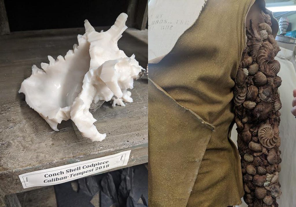 Two images of props for The Temprest. The first shows a white conch shell, and the second shoes a tunic with a sleeve covered in brown shells.