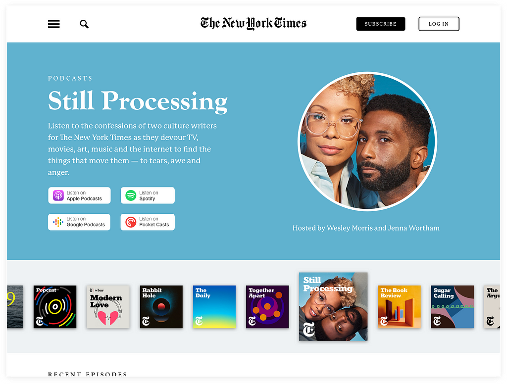 High-fidelity design of the Still Processing podcast page.