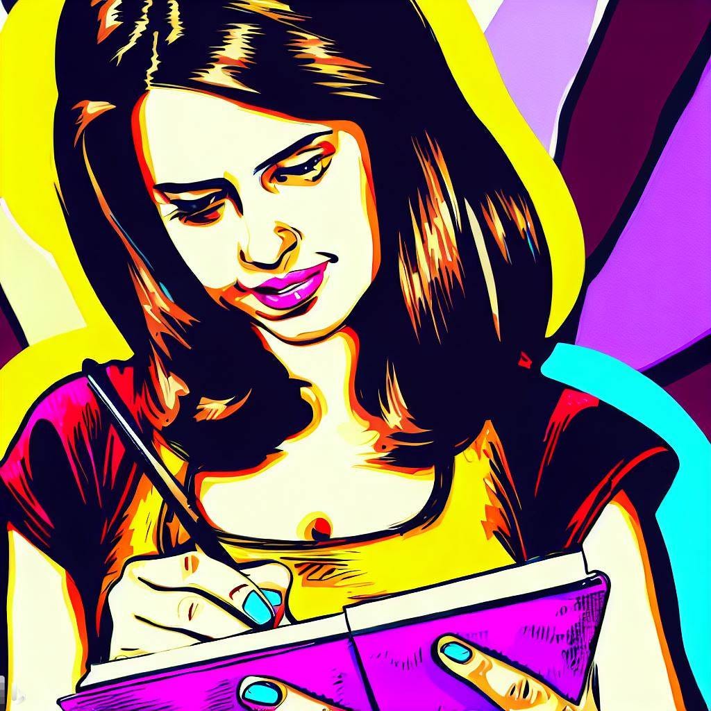 Pop art image of a 1980’s young, female writer