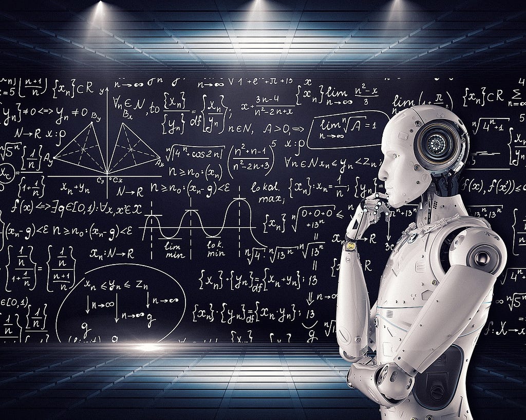 AI robot is thinking with formulas on a blackboard