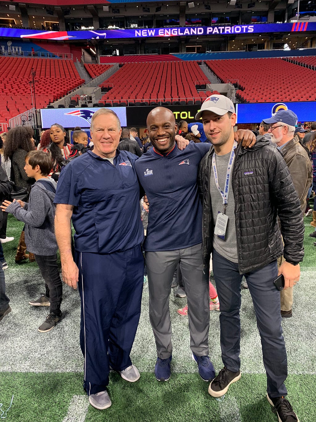 From right to left: Jeff Kunowski (right) with his best friend Daryl Nelson (center) and Bill Belichek (left).