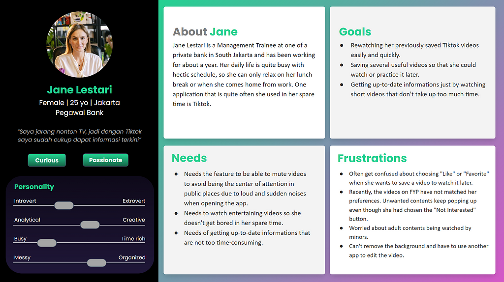 User persona with the image of persona’s avatar, descriptions, and the insights (goals, needs, frustrations) of her experience while using TikTok