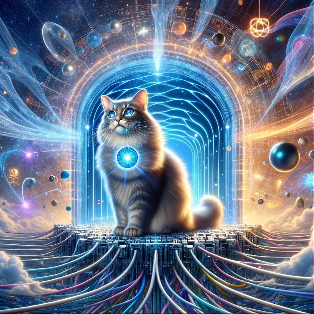 Cat representing a qubit going through a cosmic quantum gate
