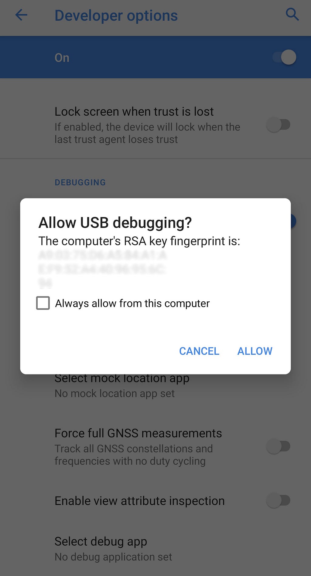 Accepting USB debugging message on android mobile