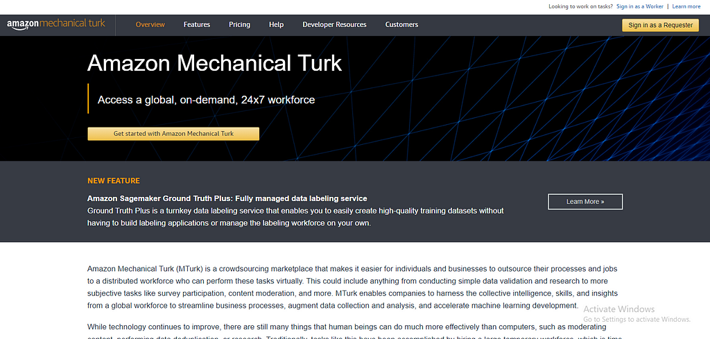home page of Amazon Mturk website