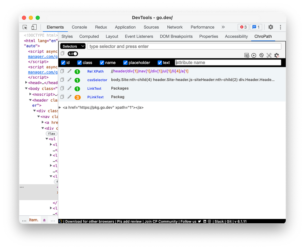 Picture showcasing ChroPath, a chrome extension for getting the XPath expression of an element