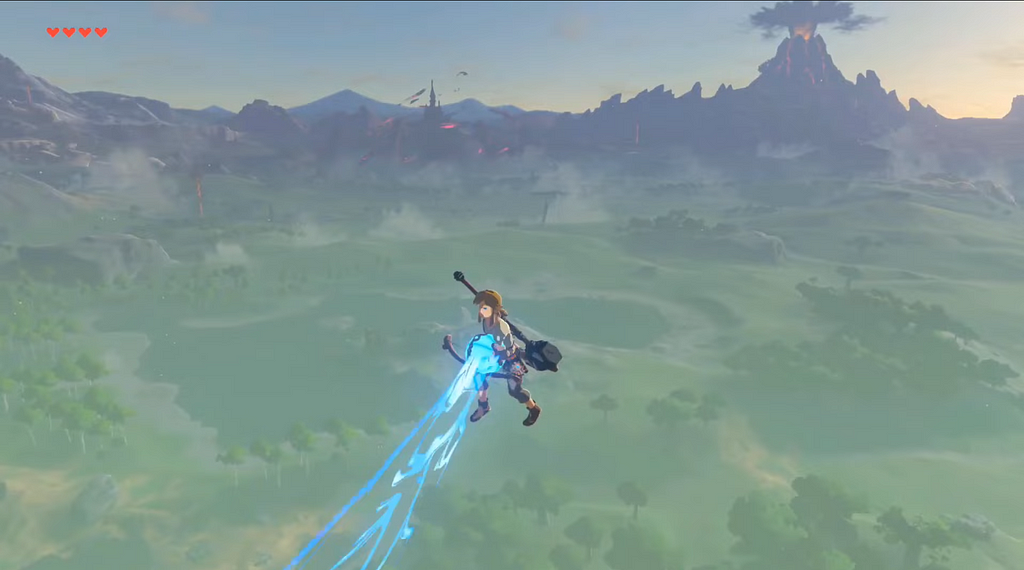 The famous bow lift smuggling glitch / speedrunning technique in Legend of Zelda: Breath of the Wild, that allows players to break the game’s physics and travel at high speeds through space