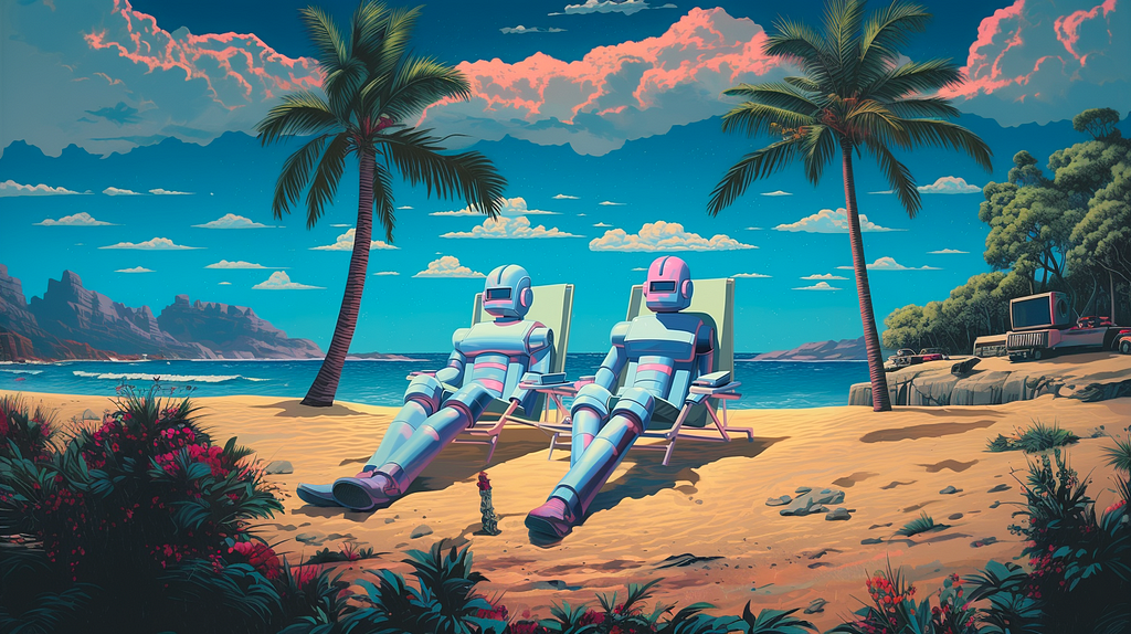 couple of super intelligent robots resting on the beach on holidays, robots sun tan laying on towels, tropical and serene beach scenery, Hiroshi Nagai city pop art style, beautiful and creative art, artificial intelligence, dystopian, pastel colors, wes anderson style, blue hour, dusk, sunset — v 5.2 — ar 16:9 — s 900 — style raw