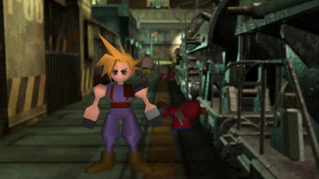 Cloud, protagonista di Final Fantasy VII, al binario di una delle stazioni di Midgar.