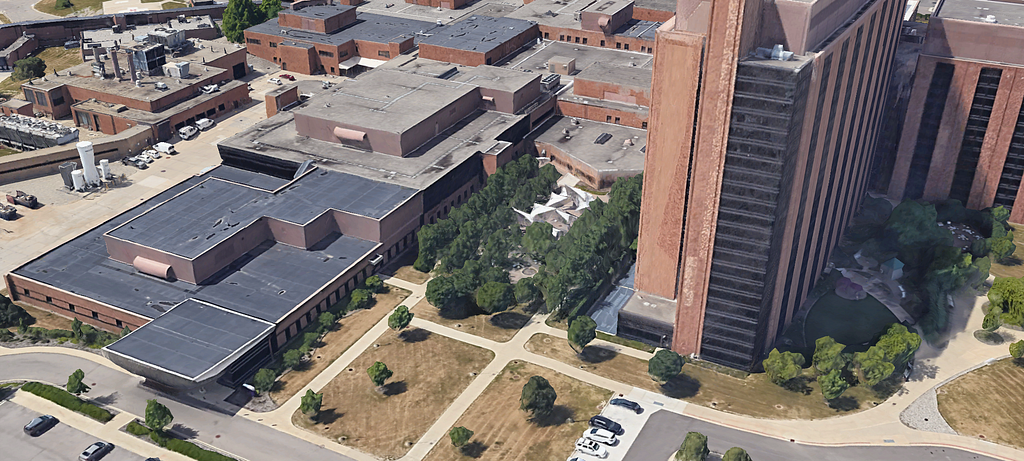 A 3D satellite image of a courtyard at St. Joseph Hospital in Ann Arbor, Michigan.