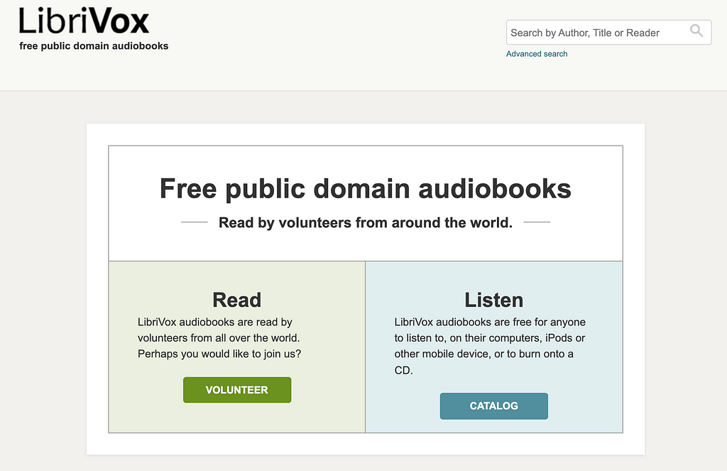 Screenshot of homepage of Librivox.org.