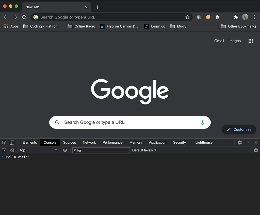 Opening up the Chrome DevTools console with option + command + J